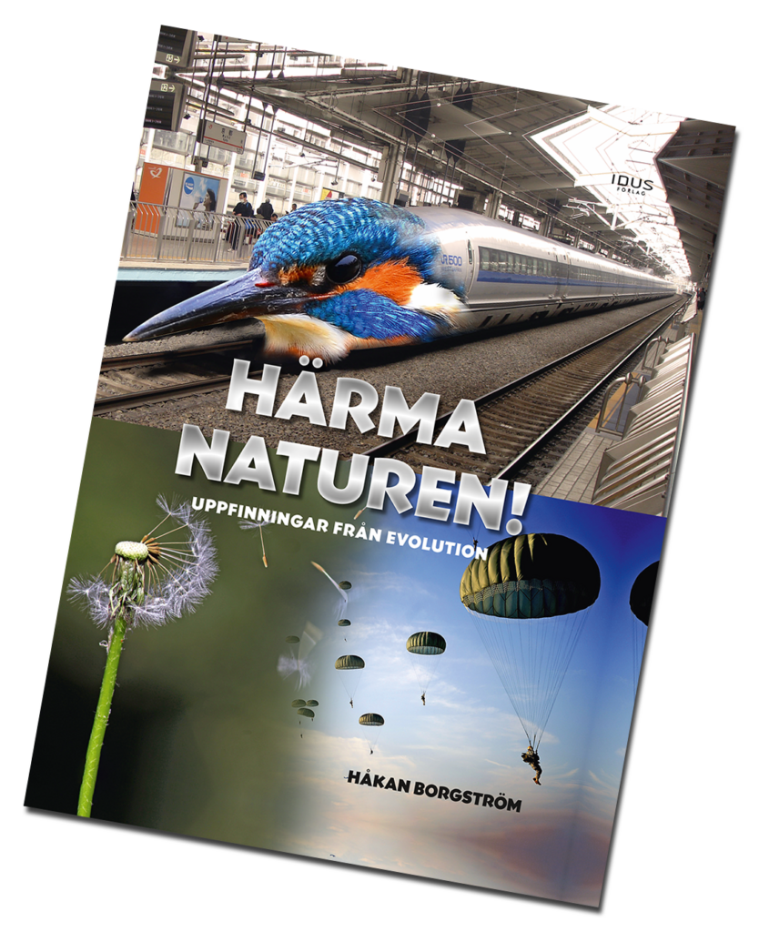 Omslaget till boken Härma Naturen - uppfinningar från evolution med en bild på ett tåg där fronten har bytts ut mot en huvudet på en kungsfiskare. Under finns ytterligare en bearbetad bild med maskrosfrön som flyger iväg tillsammans med fallskärmar.